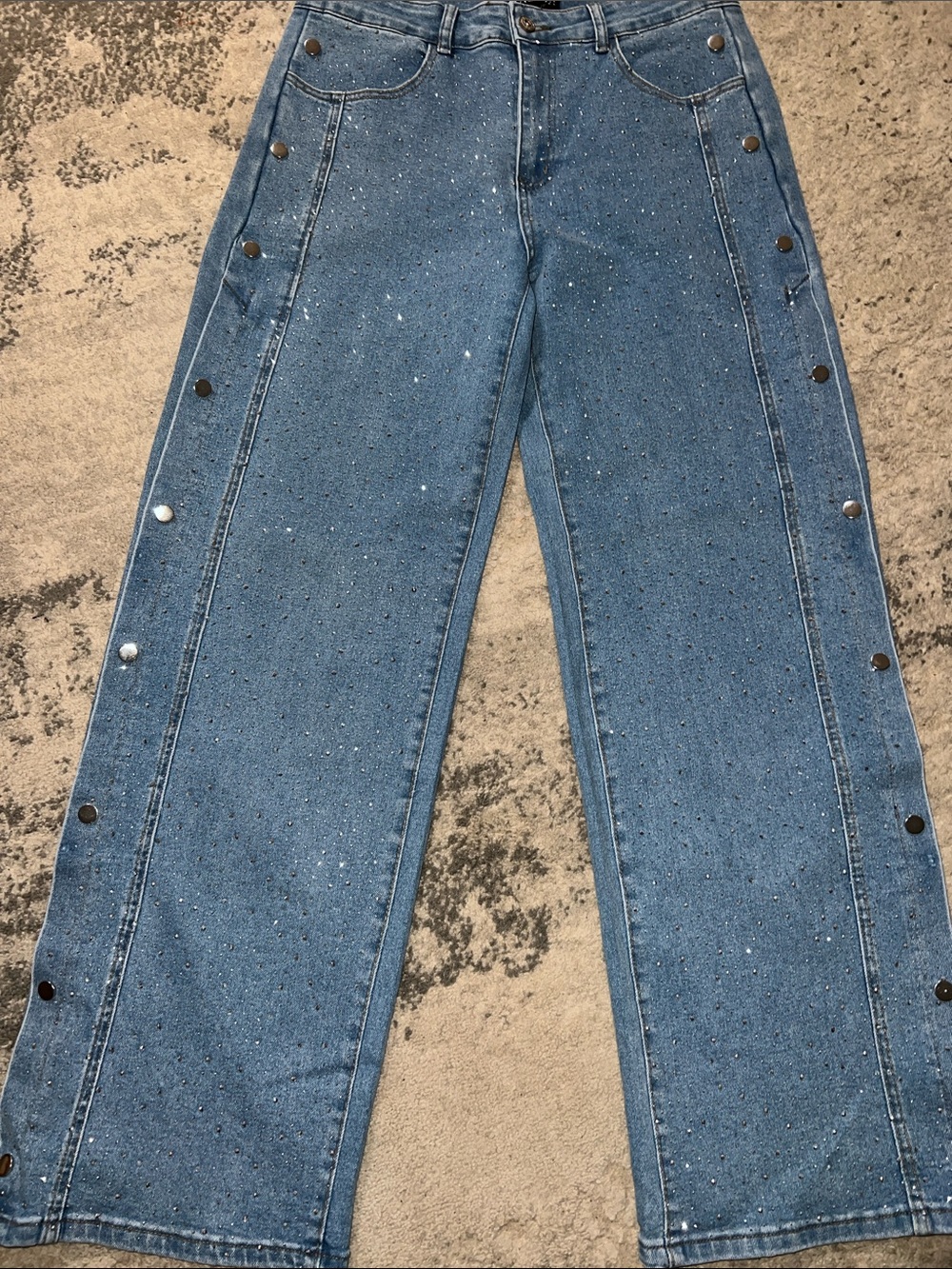 Blue Speckle Wide-Leg Snap-Trim Jeans - Women